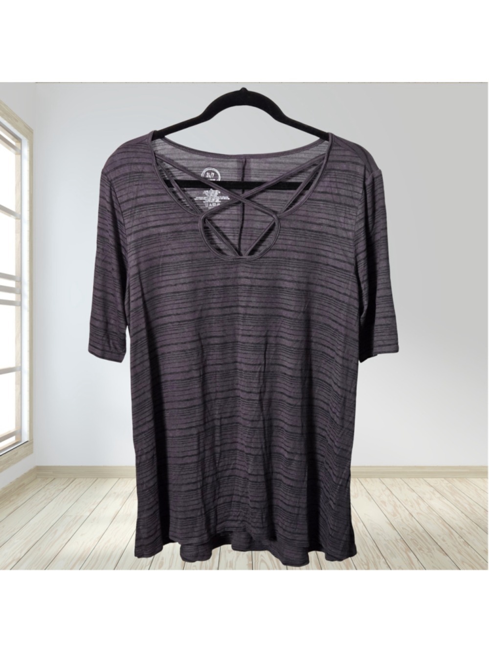 Maurices 24/7 Top Women's XL Gray Striped Strappy Criss Cross V Neck Stretch
